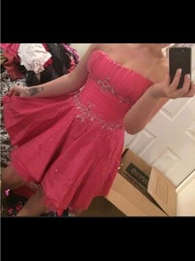 Strapless Pink Party Dress with Embellished Waist